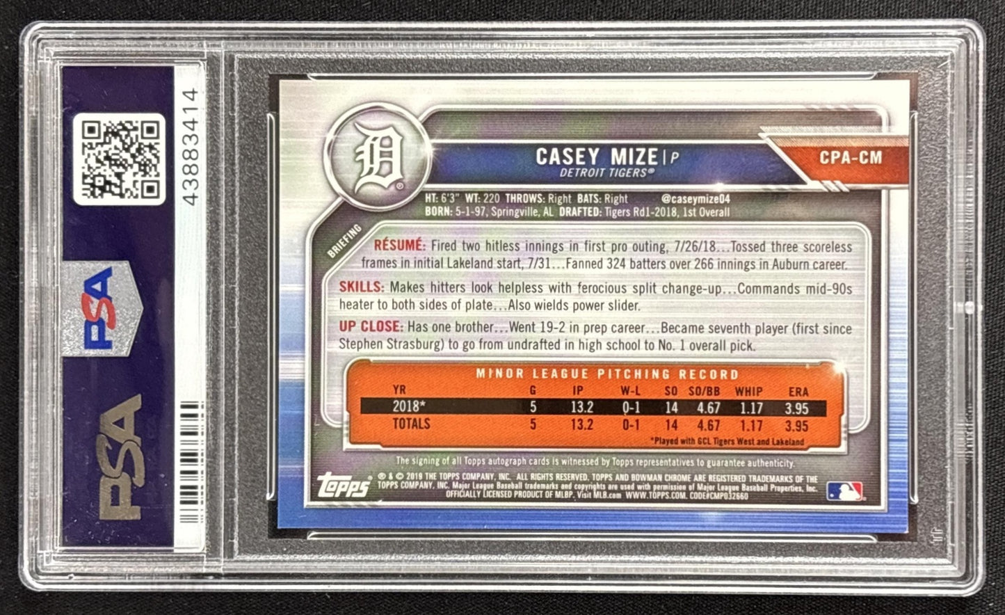 Casey Mize 2019 Bowman Chrome Prospect Auto Gold Refractor /50 PSA 9 back