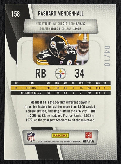 Rashard Mendenhall 2010 Panini Prestige Xtra Points Black /10 Steelers sports trading card back