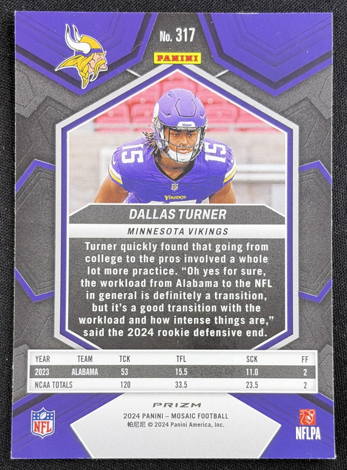 Dallas Turner 2024 Panini Mosaic Prizm Vikings Sports Trading Card