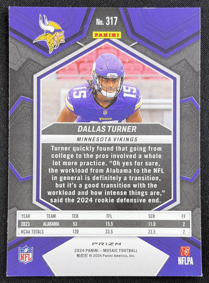 Dallas Turner 2024 Panini Mosaic Prizm Vikings Sports Trading Card