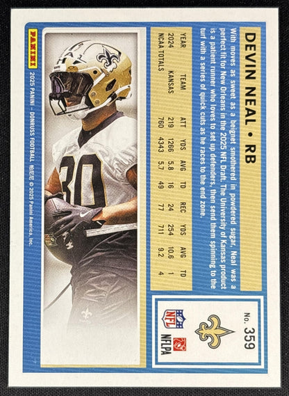Devin Neal 2025 Panini Donruss Rated Rookie Press Proof Silver /199 Saints Back