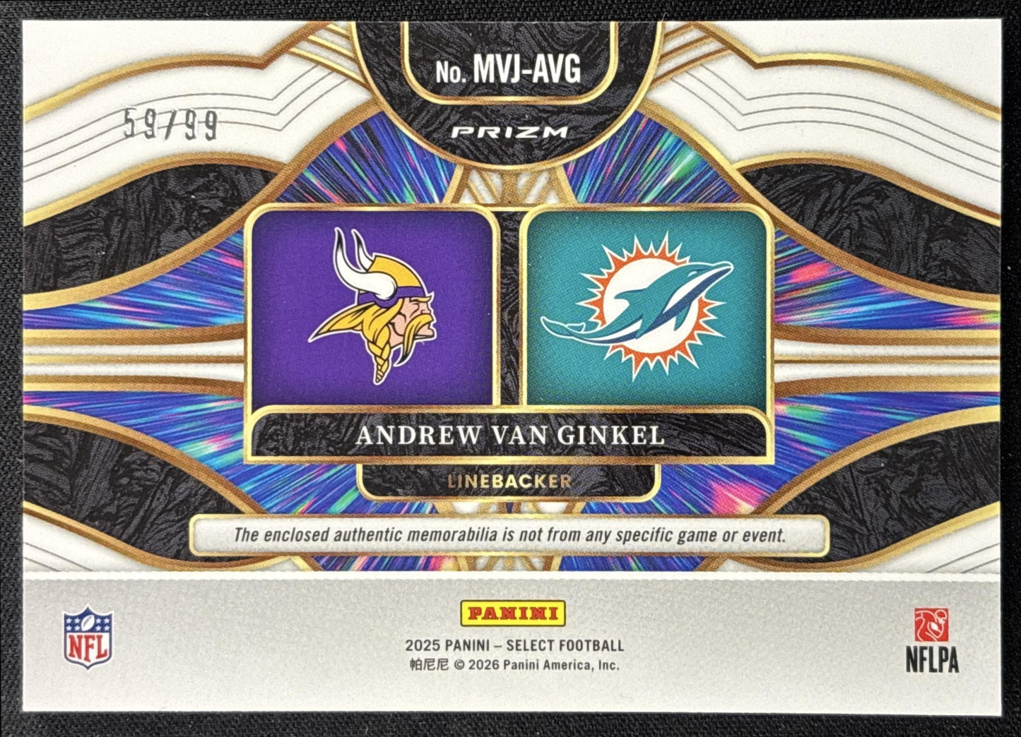 Andrew Van Ginkel 2025 Panini Select Multiverse Jerseys White Prizm /99 Vikings Dolphins - back