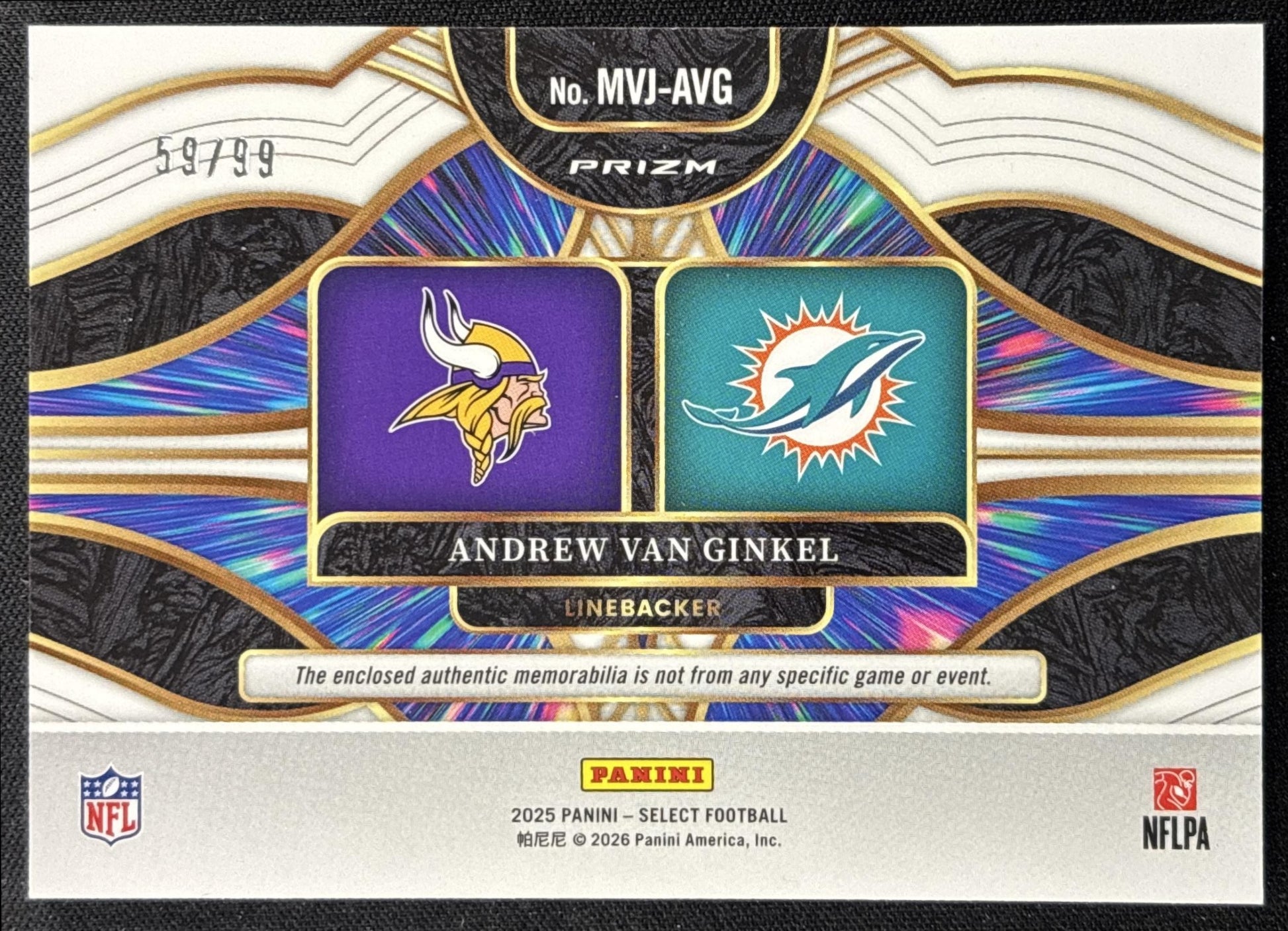 Andrew Van Ginkel 2025 Panini Select Multiverse Jerseys White Prizm /99 Vikings Dolphins - back