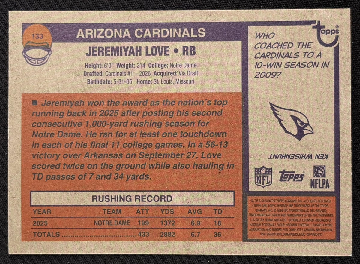 Jeremiyah Love 2026 Topps Heritage Bicentennial /200 Cardinals Sports Trading Card
