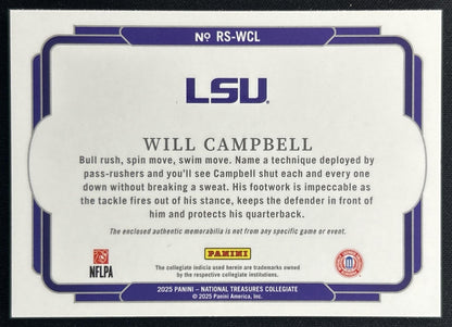 Will Campbell 2025 National Treasures Collegiate Team Logo Signatures Gold /10 Tigers back