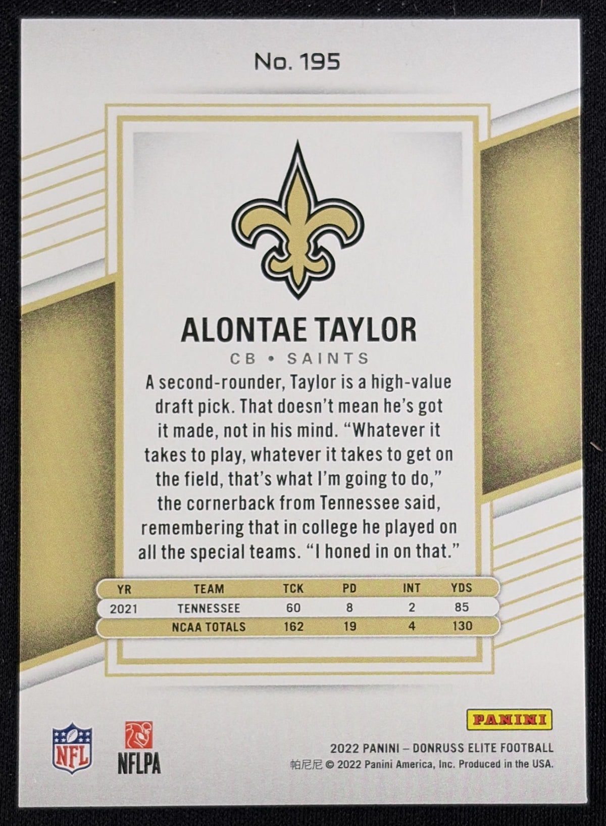 Alontae Taylor 2022 Panini Donruss Elite /999 Saints - back