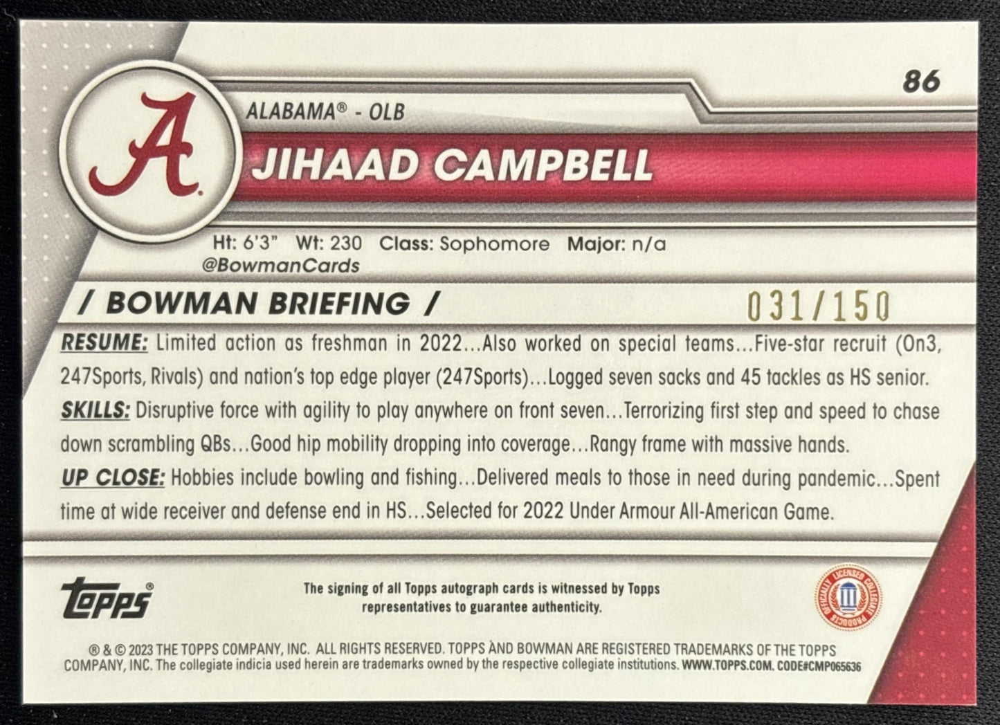 Jihaad Campbell 2023 University Chrome Prospect Auto Fuschia Mini Diamond Refractor /150 Crimson Tide back