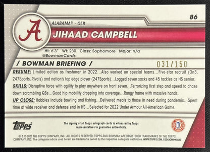 Jihaad Campbell 2023 University Chrome Prospect Auto Fuschia Mini Diamond Refractor /150 Crimson Tide back