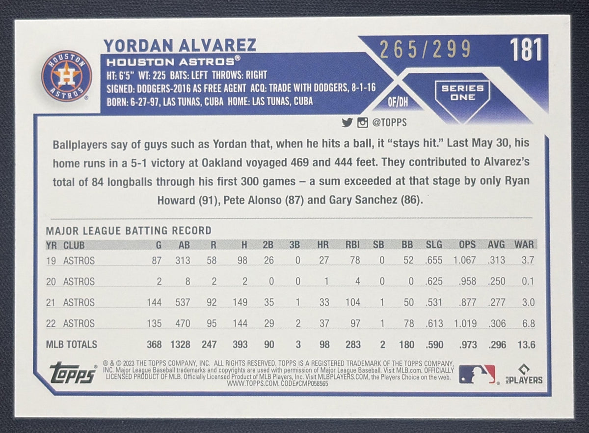 Yordan Alvarez 2023 Topps Orange Foil /299 Astros Houston Astros Sports Trading Card