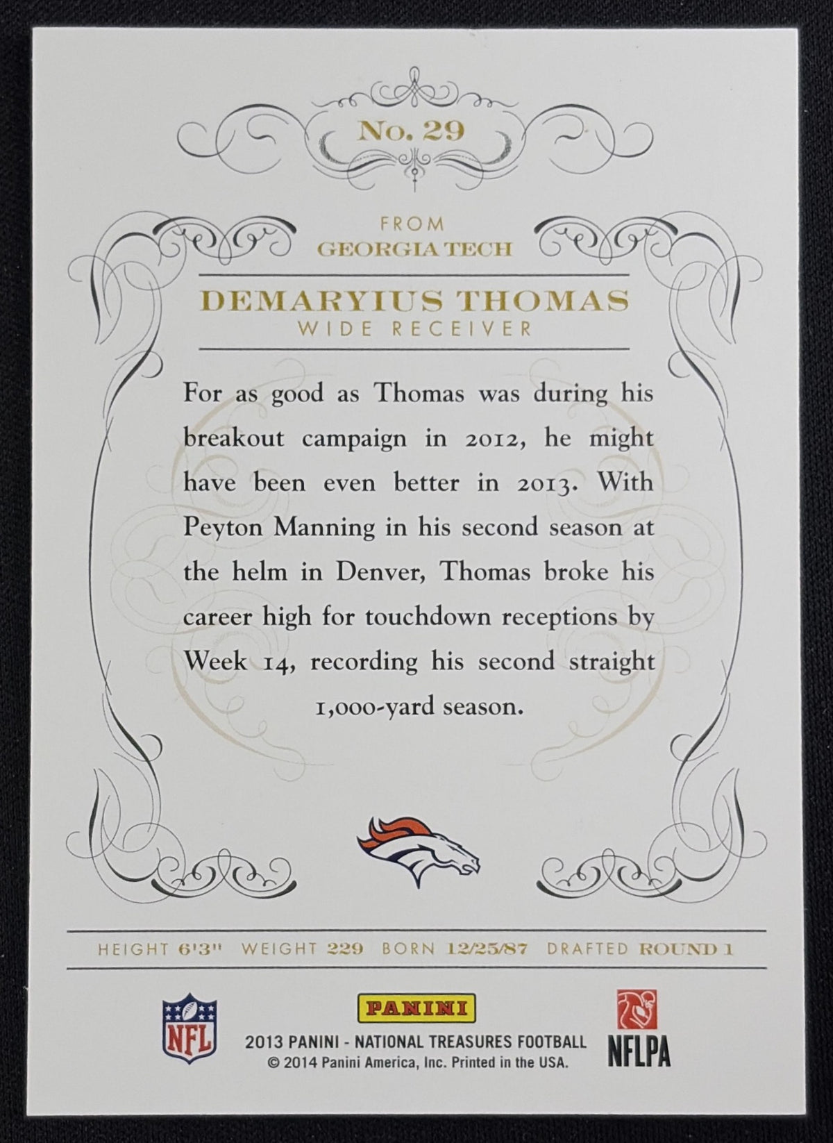 Back of Demaryius Thomas 2013 Panini National Treasures /99 Broncos sports trading card