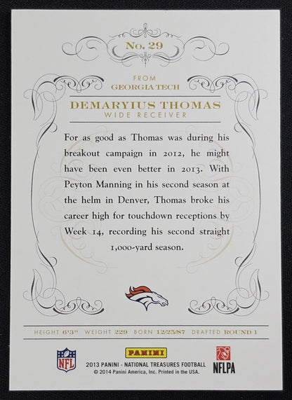 Back of Demaryius Thomas 2013 Panini National Treasures /99 Broncos sports trading card