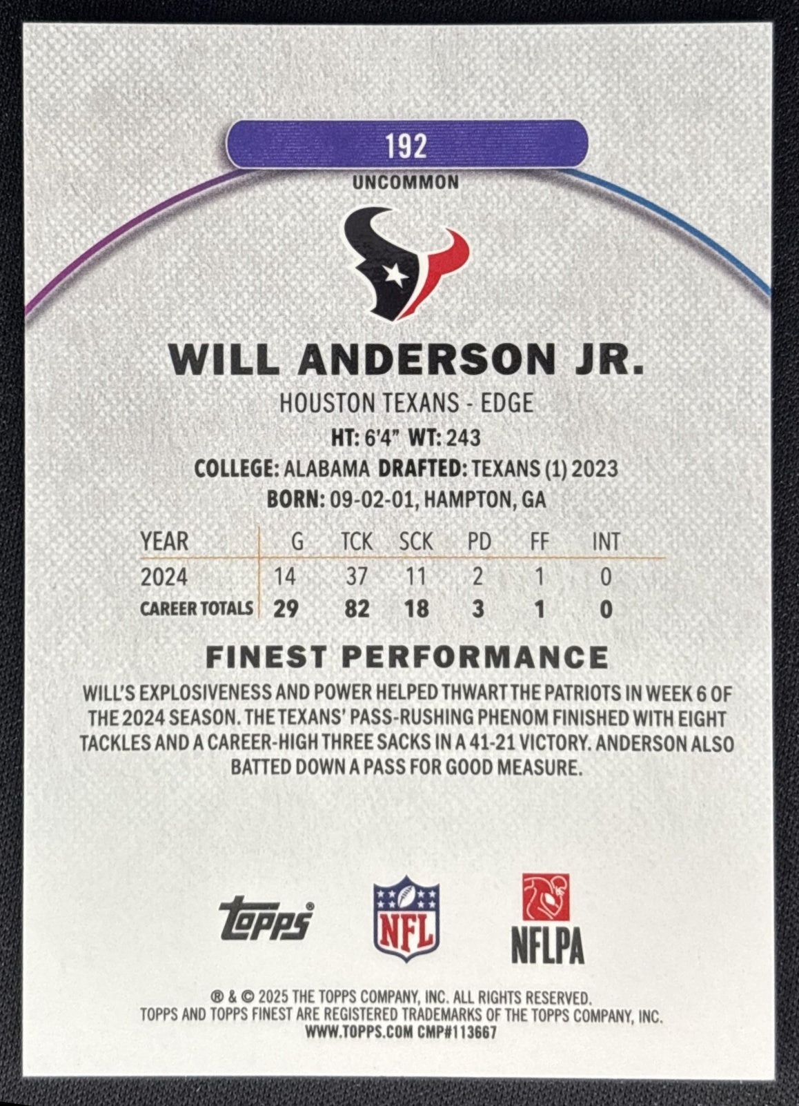 Will Anderson Jr. 2025 Finest Uncommon Green Geometric Refractor /35 Texans back