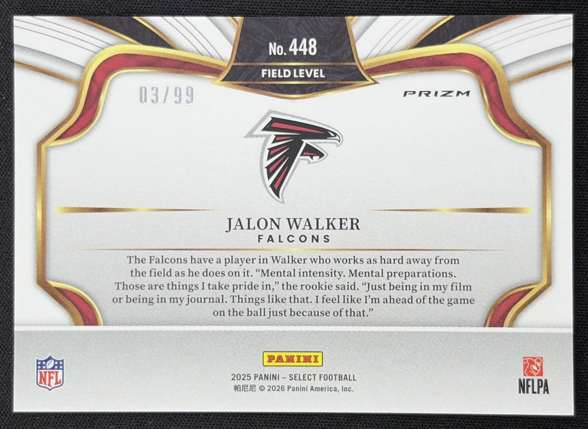 Jalon Walker 2025 Panini Select Field Level Tri-Color Prizm /99 Falcons