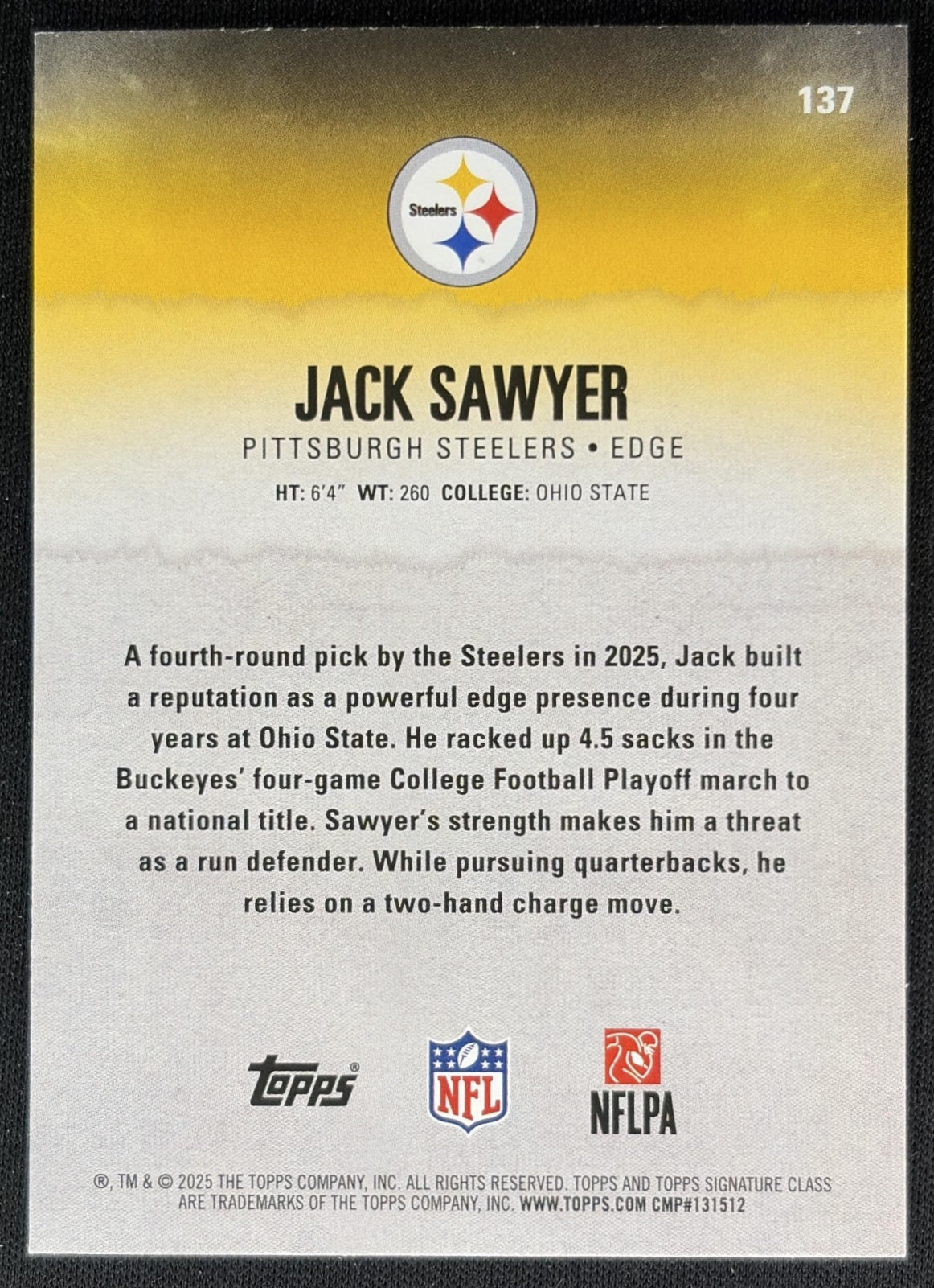 Jack Sawyer 2025 Topps Signature Class Rookie Red & Black Foil Steelers back