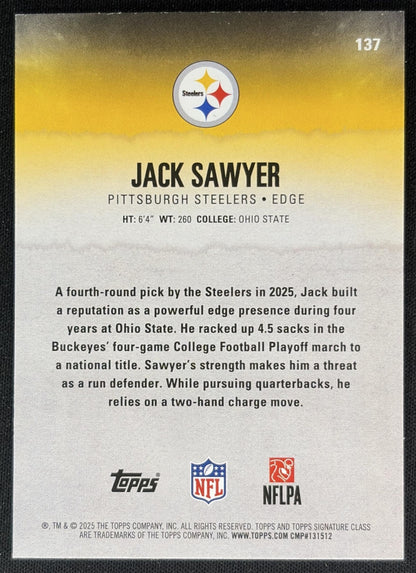 Jack Sawyer 2025 Topps Signature Class Rookie Red & Black Foil Steelers back