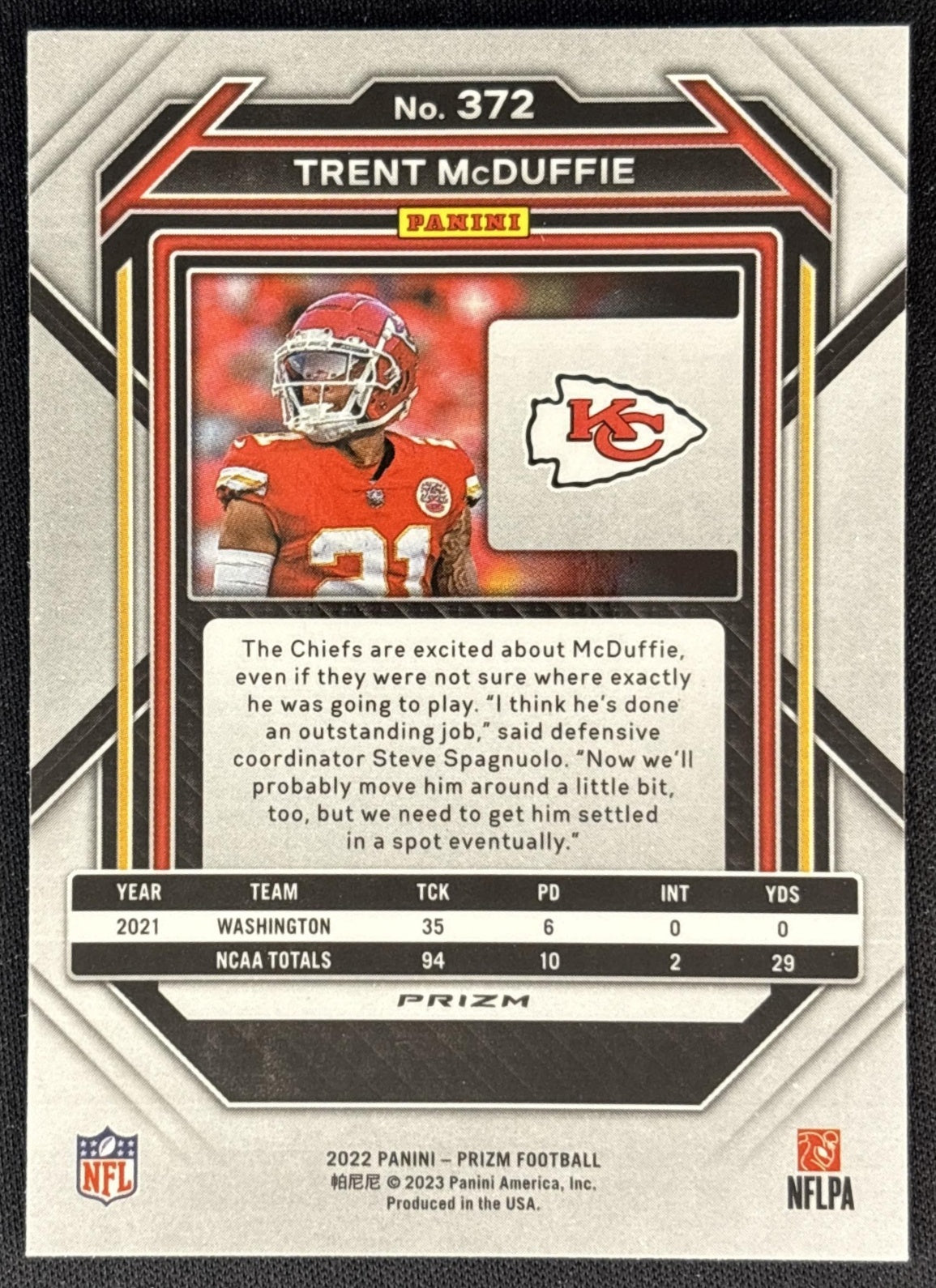 Trent McDuffie 2022 Panini Prizm Green Chiefs back