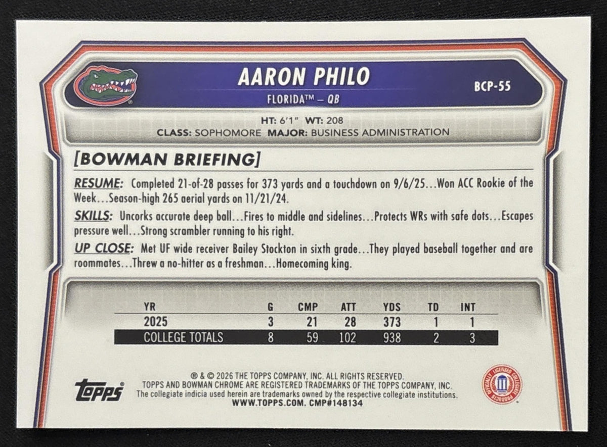 Aaron Philo 2026 Bowman Chrome Prospects Neon Green Refractor /399 Gators Sports Trading Card
