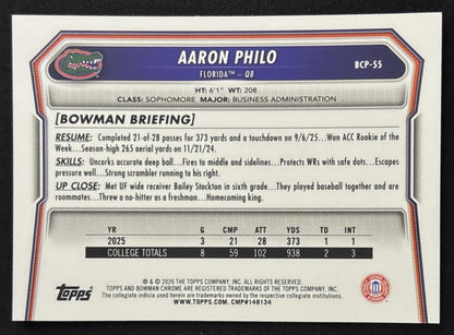 Aaron Philo 2026 Bowman Chrome Prospects Neon Green Refractor /399 Gators Sports Trading Card