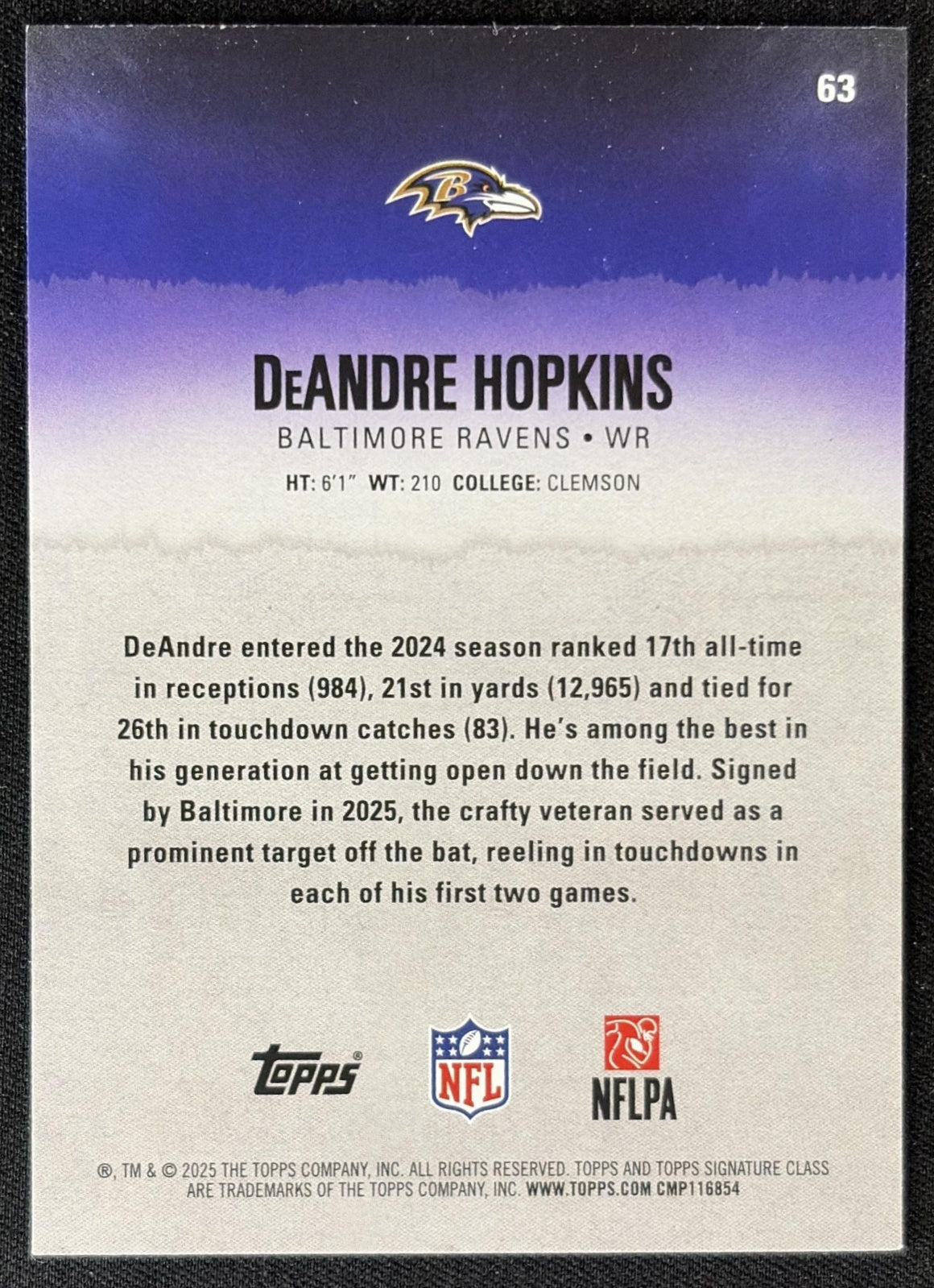 DeAndre Hopkins 2025 Topps Signature Class Veteran Red & Black Foil Ravens