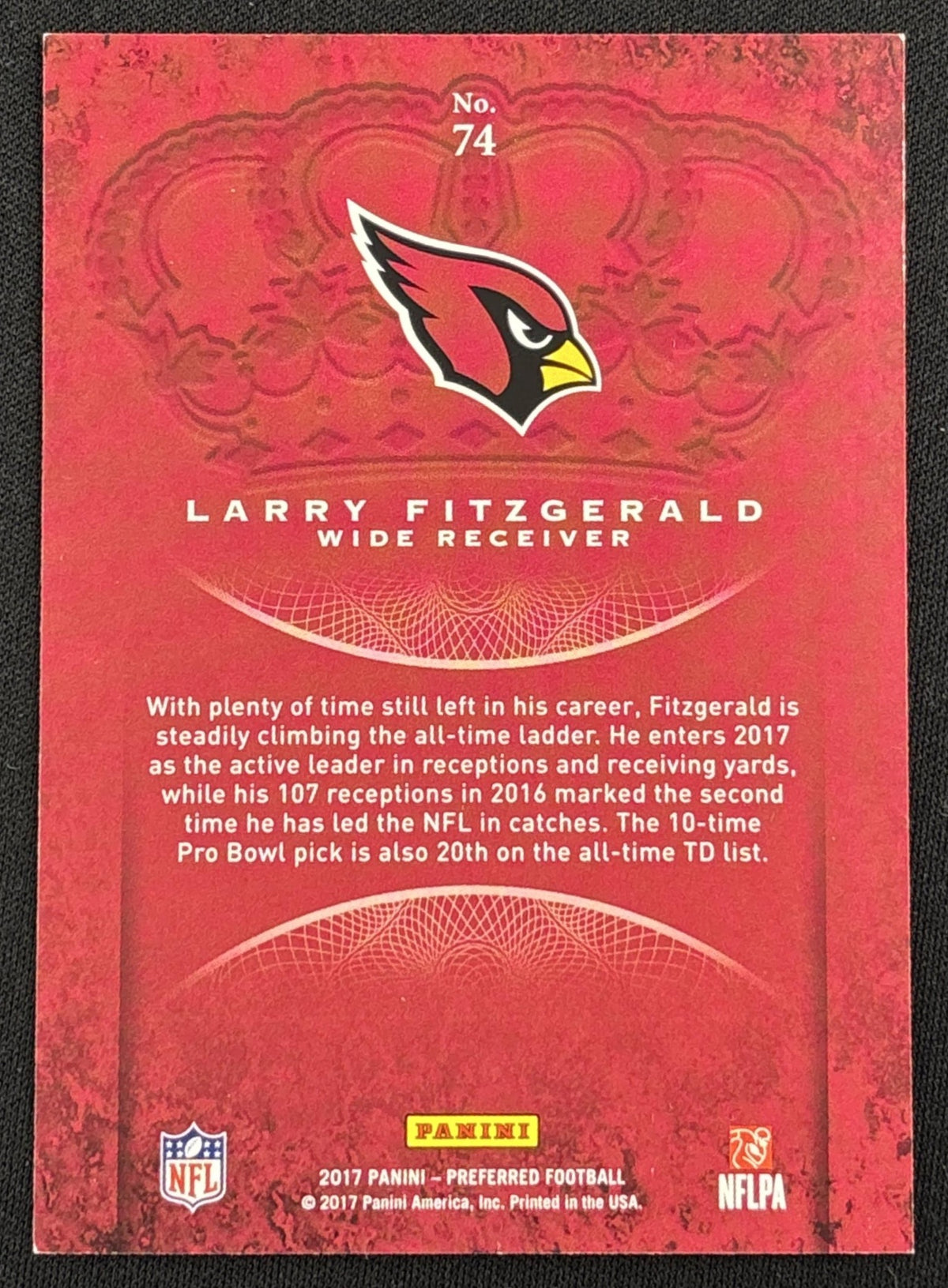 Larry Fitzgerald 2017 Panini Crown Royale Pink /249 Cardinals - Back