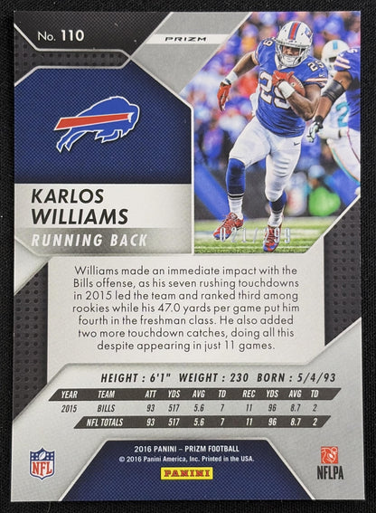 Back of Karlos Williams 2016 Panini Prizm Orange /299 Bills sports trading card