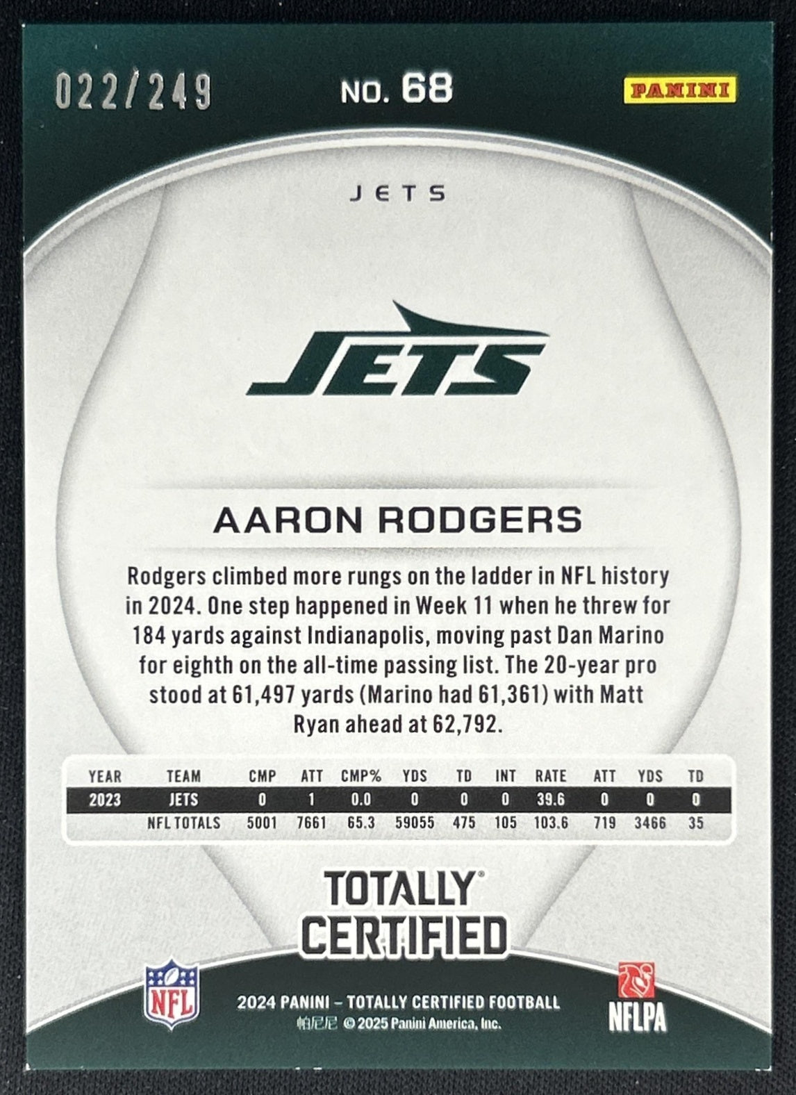 Aaron Rodgers 2024 Panini Certified Piece of the Game /249 Jets back