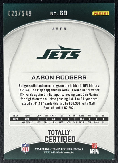 Aaron Rodgers 2024 Panini Certified Piece of the Game /249 Jets back
