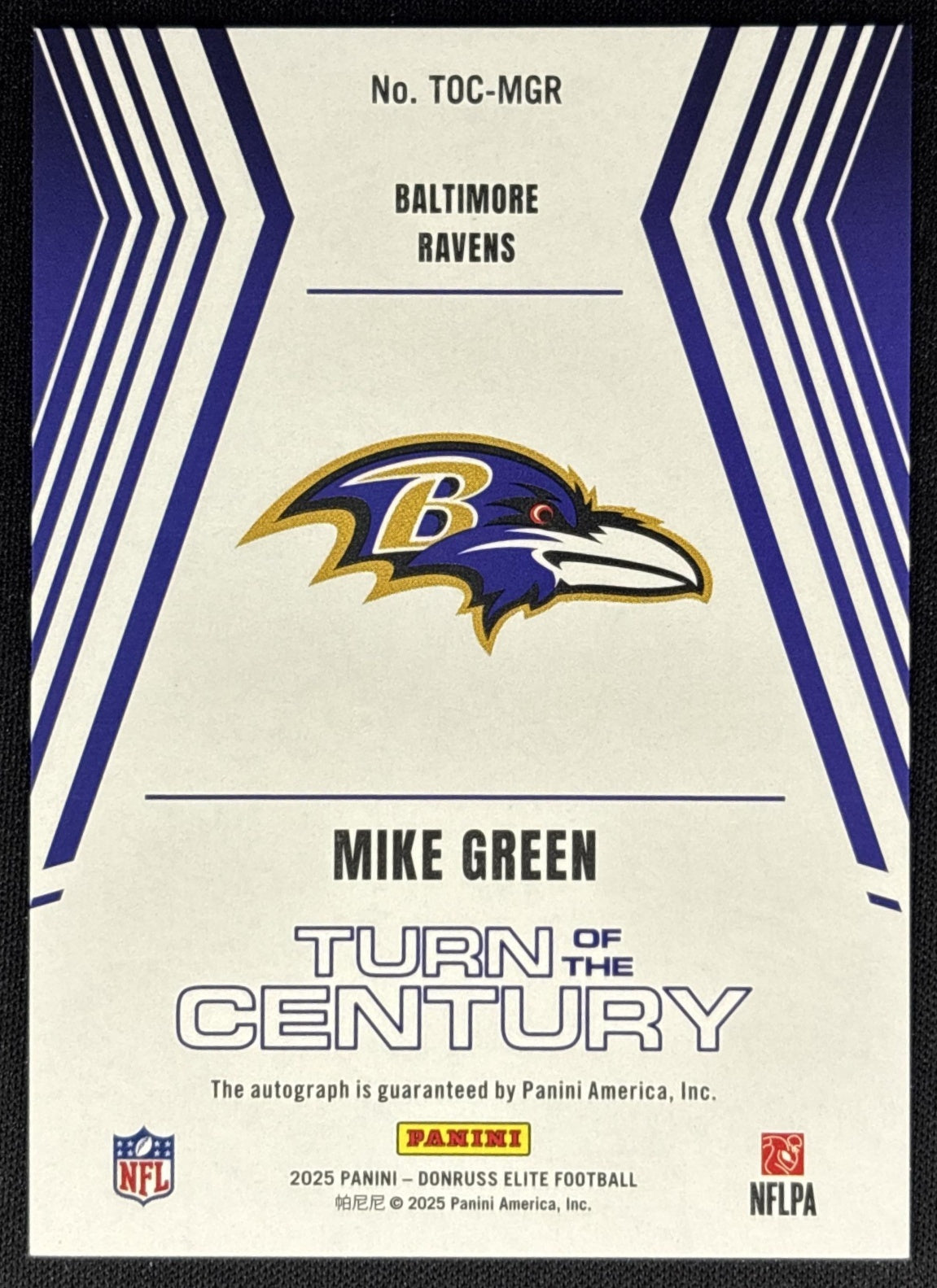 Mike Green 2025 Panini Donruss Elite Turn of the Century Auto /499 Ravens Sports Trading Cards