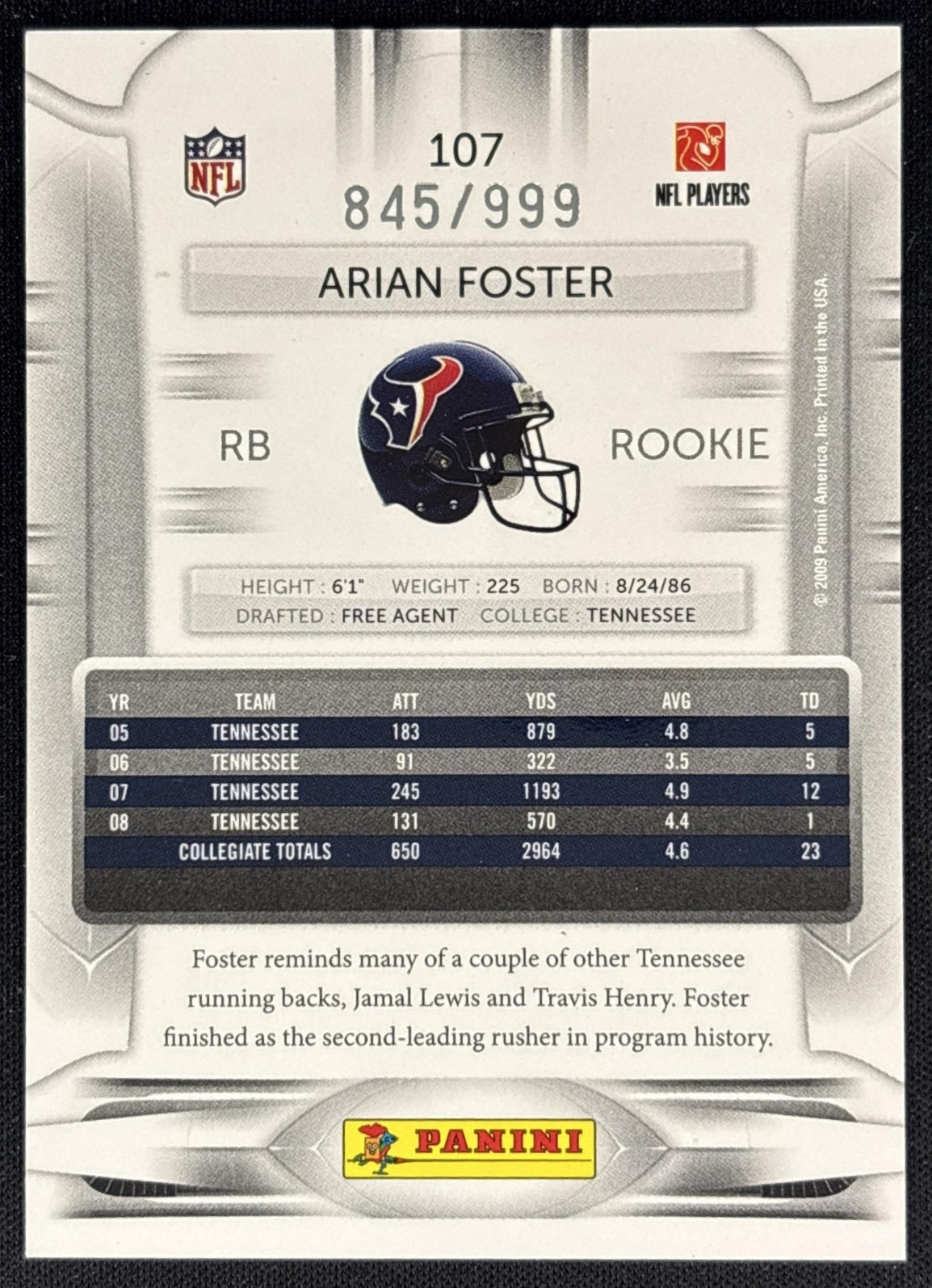 Arian Foster 2009 Panini Playoff Prestige Draft Picks Light Blue /999 Texans back