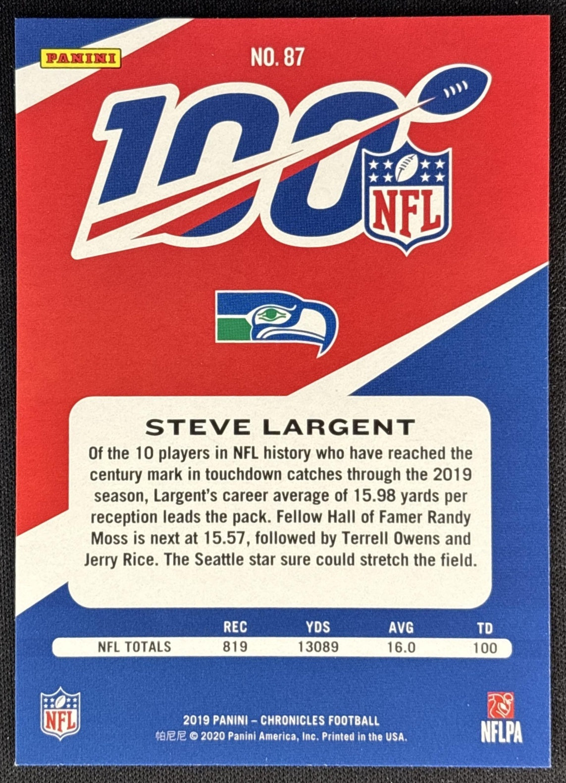 Steve Largent 2019 Panini Chronicles NFL 100 Seahawks back