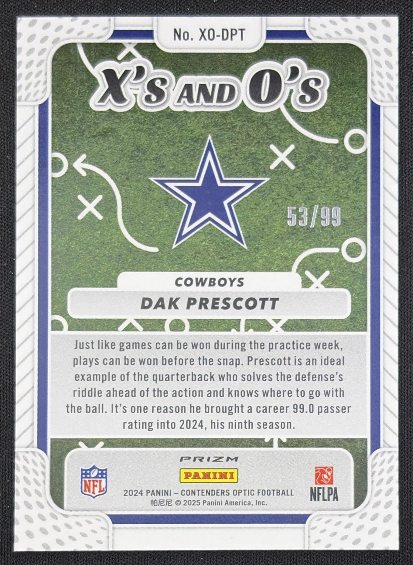 Dak Prescott 2024 Panini Contenders Optic X's and O's Blue Prizm /99 Cowboys Dallas Cowboys