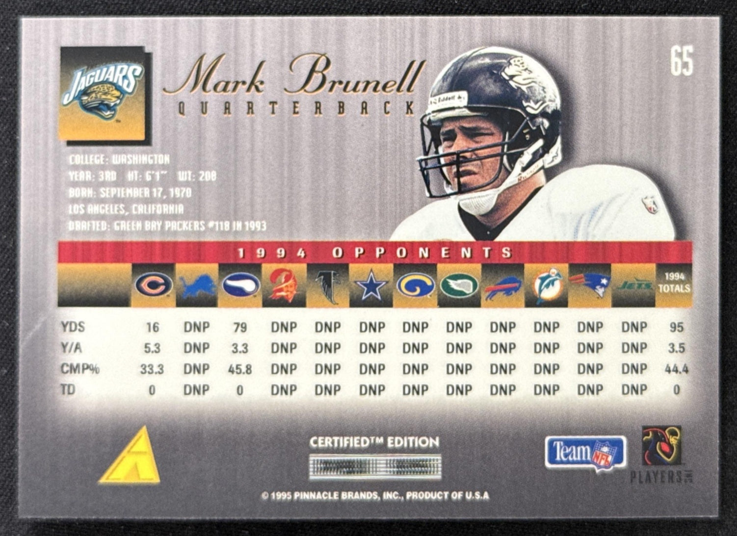 Mark Brunell 1995 Pinnacle Select Certified Jaguars Sports Trading Card