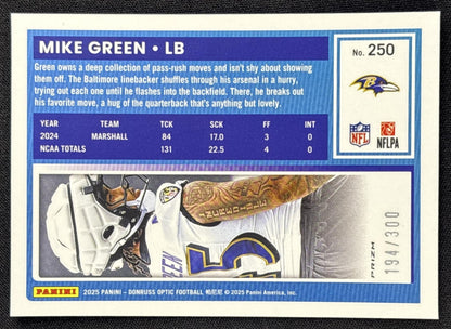 Mike Green 2025 Panini Donruss Optic Rated Rookie Wave Prizm /300 Ravens