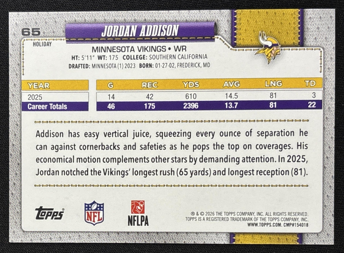 Jordan Addison 2026 Topps Holiday Glitter Vikings | Minnesota Vikings