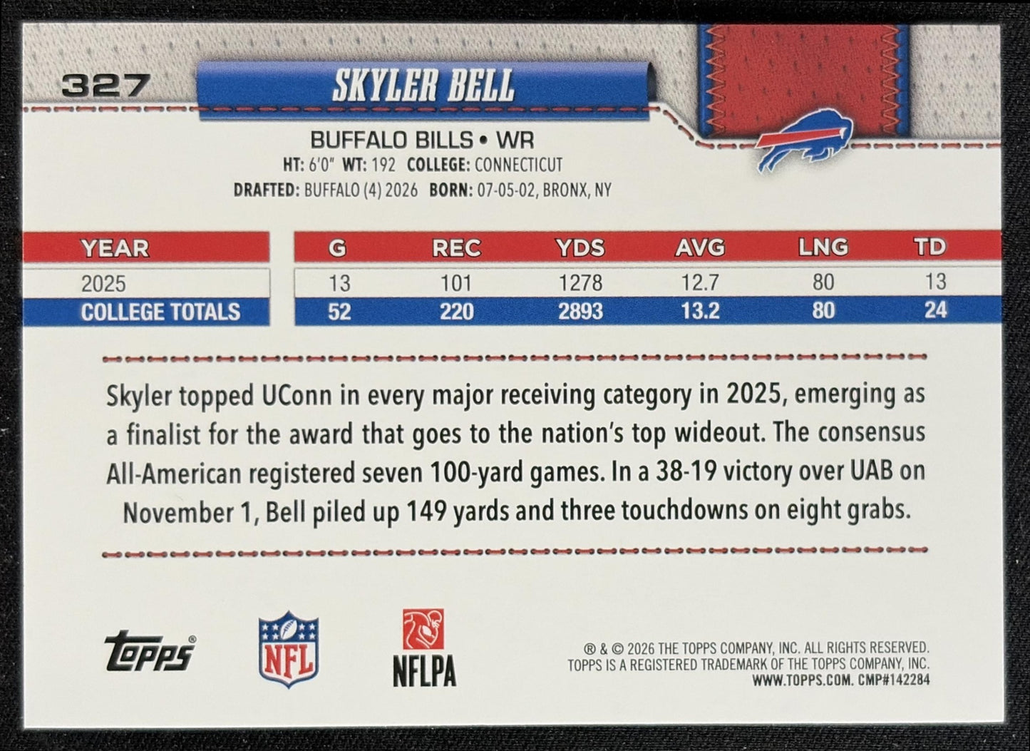 Skyler Bell 2026 Topps Rainbow Foil Bills back