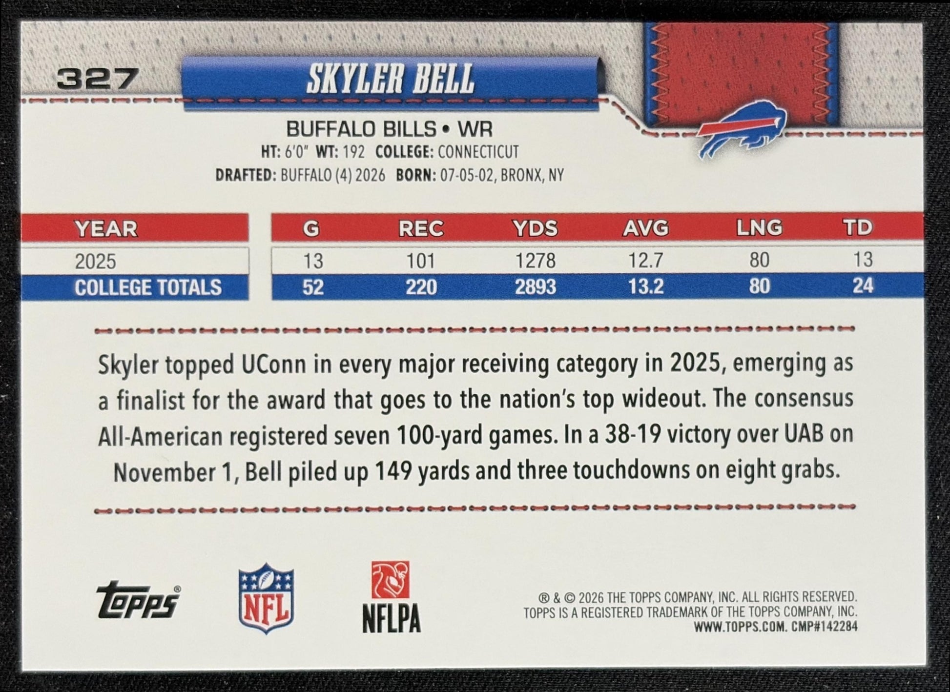 Skyler Bell 2026 Topps Rainbow Foil Bills back