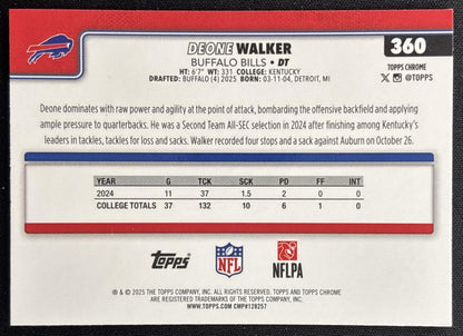 Deone Walker 2025 Topps Chrome Rookie Football Leather Refractor Bills Sports Trading Cards
