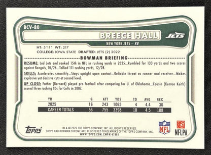 Breece Hall 2026 Bowman Chrome NFL Pink Refractor /250 Jets
