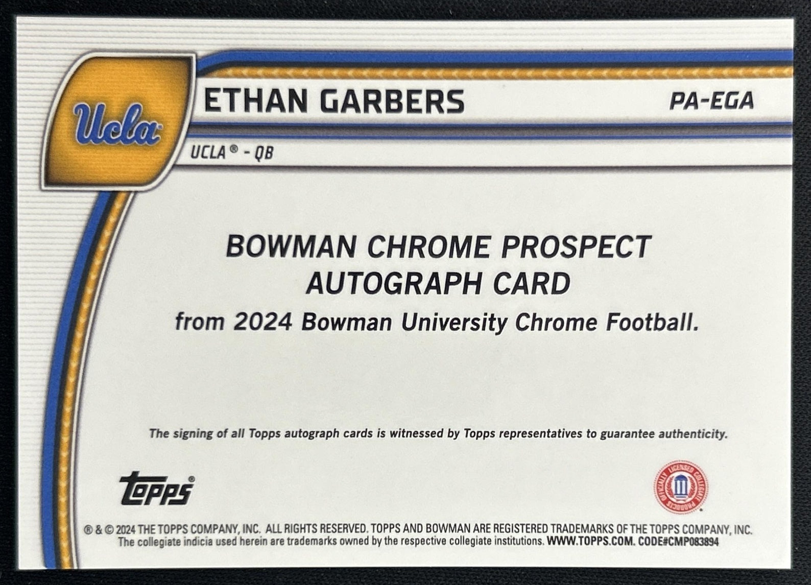 Ethan Garbers 2024 Bowman Chrome University Prospect Auto back