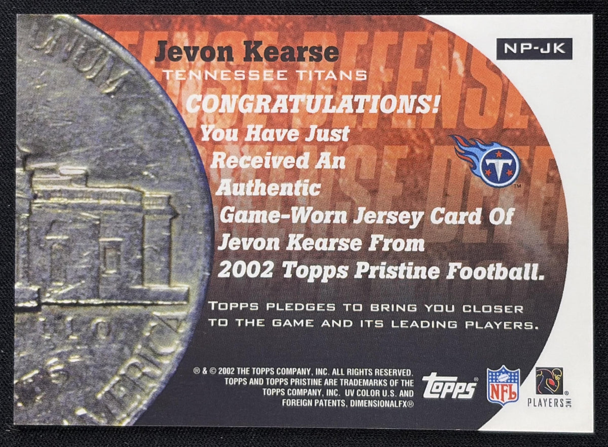 Back of Jevon Kearse 2002 Topps Pristine Nickel Package Jerseys Eagles sports trading card