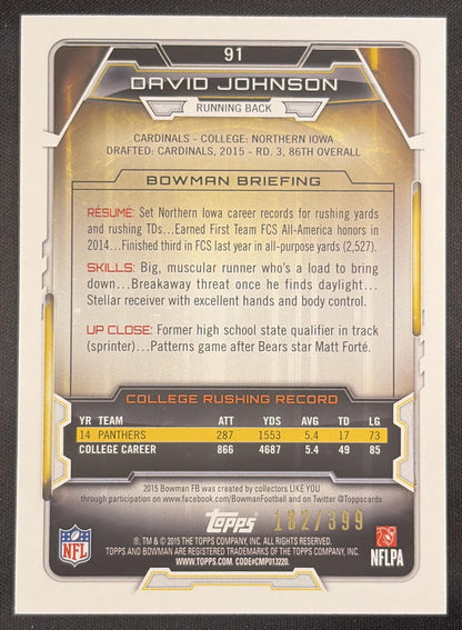 David Johnson 2015 Bowman Rookies Rainbow Gold /399 Cardinals Sports Trading Card