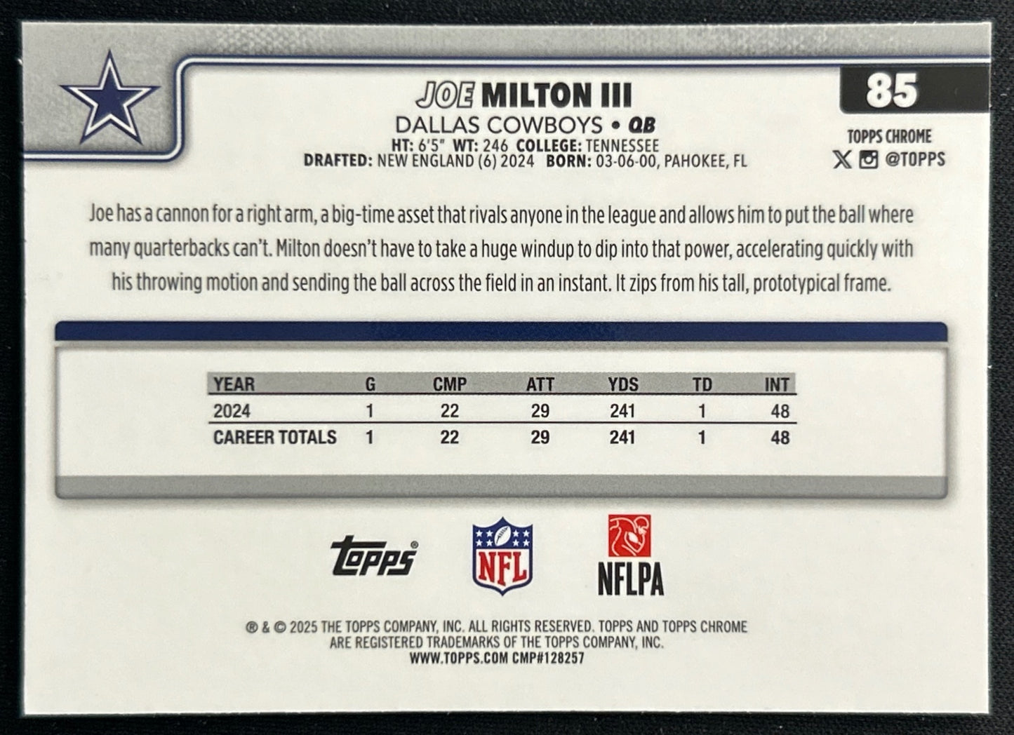 Joe Milton III 2025 Topps Chrome Cowboys Sports Trading Cards
