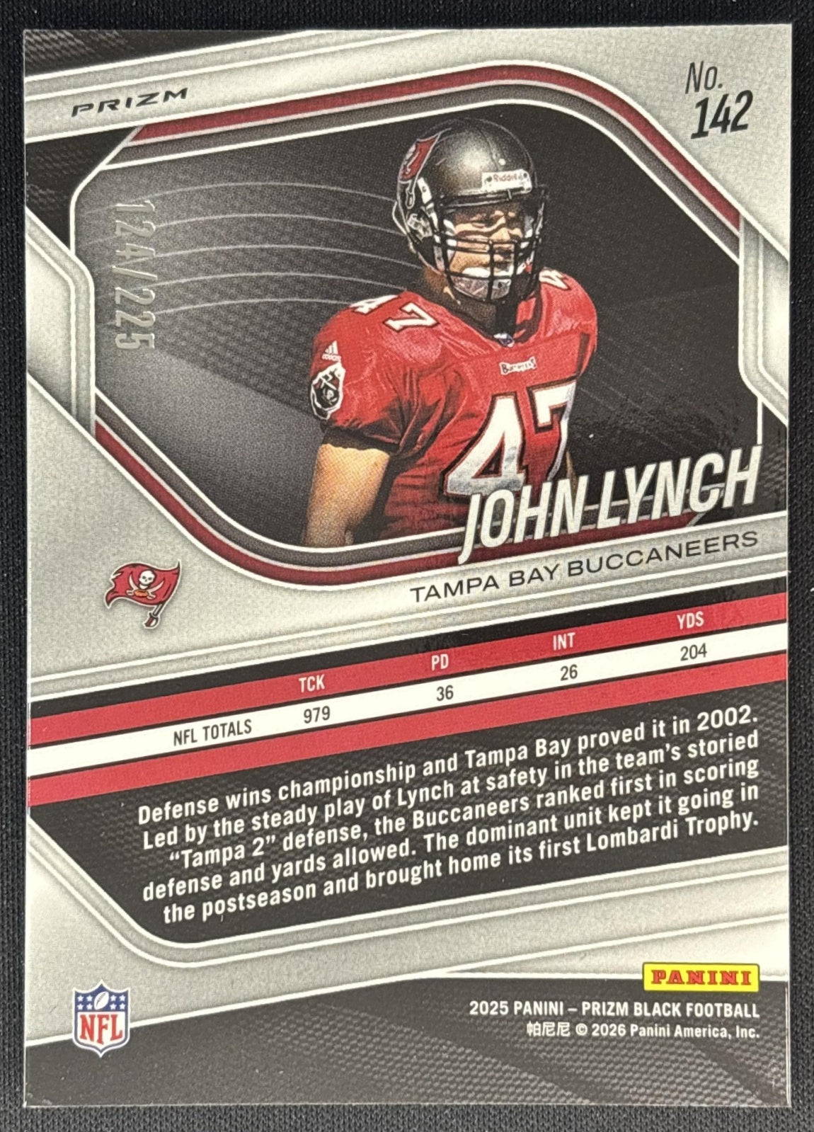 John Lynch 2025 Panini Prizm Black Football /225 Buccaneers back