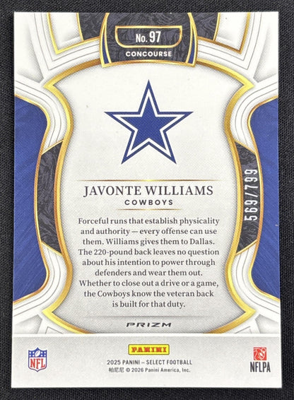 Javonte Williams 2025 Panini Select Concourse White Prizm Shock /799 Cowboys