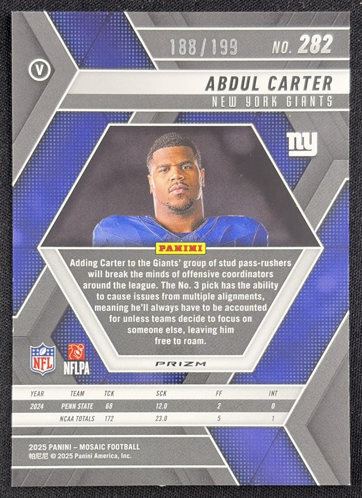 Abdul Carter 2025 Panini Mosaic Rookie Variation Orange Prizm /199 New York Giants