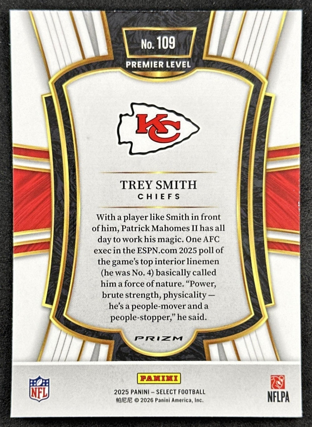 Trey Smith 2025 Panini Select Premier Level Black and Green Prizm Shock Chiefs Back