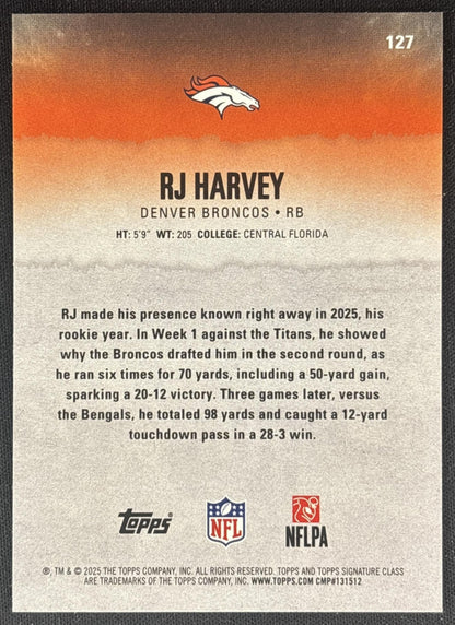 RJ Harvey 2025 Topps Signature Class Rookie Green & Purple Foil Broncos back