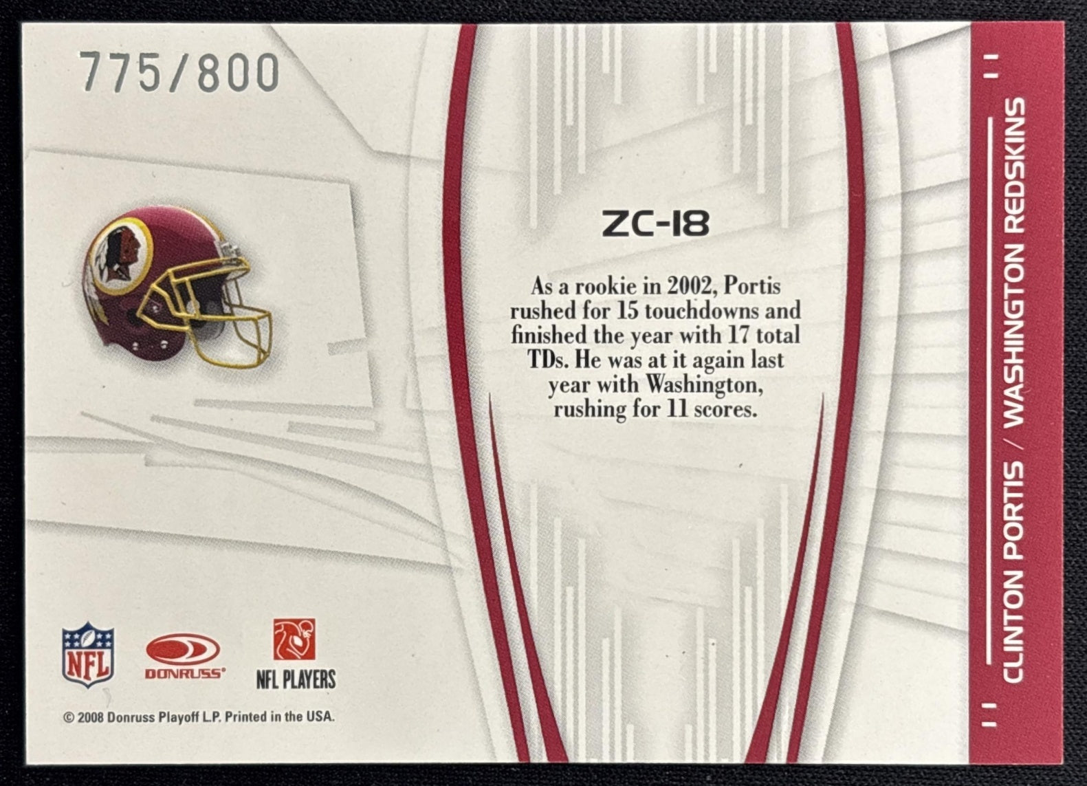 Clinton Portis 2008 Donruss Elite Zoning Commission Gold /800 Redskins back