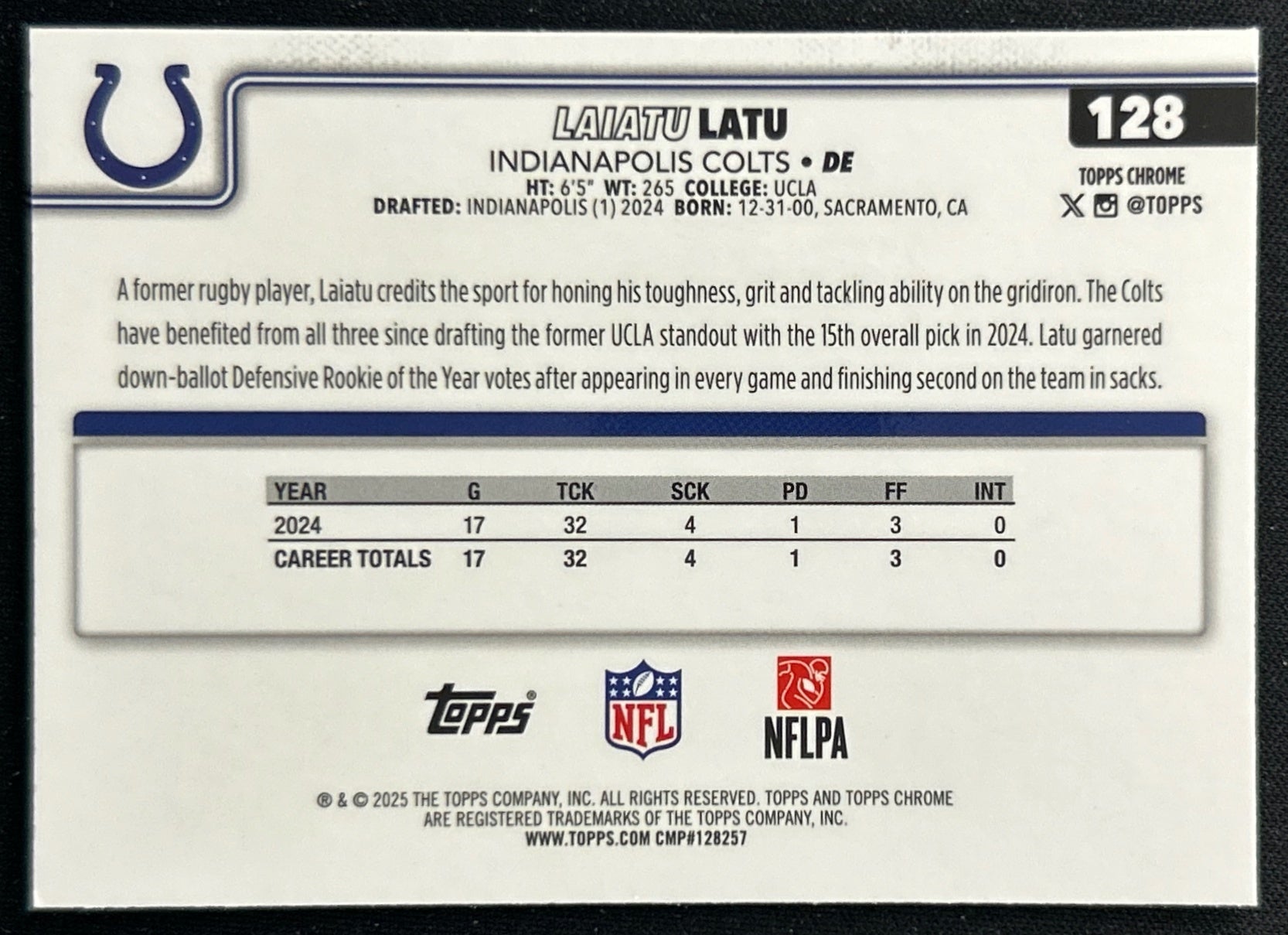 Laiatu Latu 2025 Topps Chrome Colts Sports Trading Cards