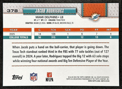 Jacob Rodriguez 2026 Topps Flagship Rookie Dolphins Sports Trading Cards